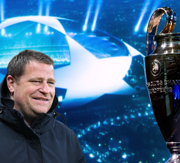 Max Eberl vom FC Bayern neben dem Champions League Pokal
