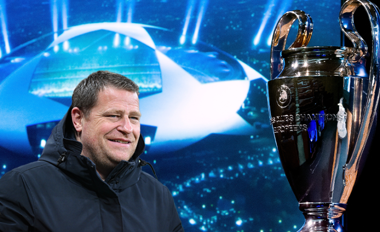 Max Eberl vom FC Bayern neben dem Champions League Pokal