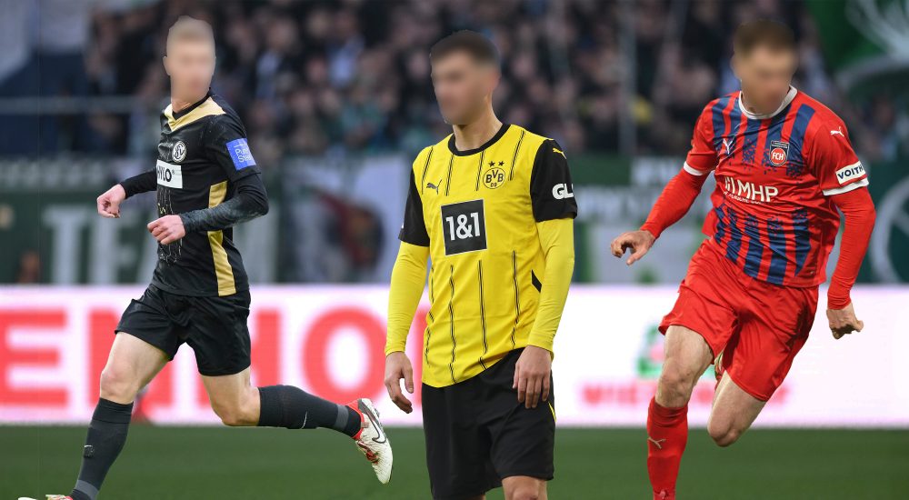 Drei Spieler mit verpixelten Gesichtern. Einer im Elversberg-Trikot, einer im Dortmund-Trikot und einer im Heidenheim-Trikot