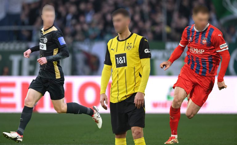 Drei Spieler mit verpixelten Gesichtern. Einer im Elversberg-Trikot, einer im Dortmund-Trikot und einer im Heidenheim-Trikot