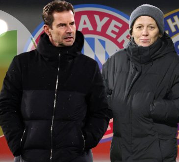 Links Ralf Kellermann, Direktor Frauenfusßball vom VfL Wolfsburg Recht Bianca Recht, Direktorin Frauenfußball vom FC Bayern München Im Hintergrund die Logos vom VfL Wolfsburg, dem FC Bayern München und dem FC Chelsea
