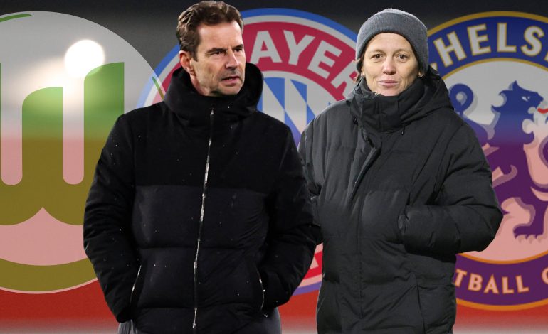 Links Ralf Kellermann, Direktor Frauenfusßball vom VfL Wolfsburg Recht Bianca Recht, Direktorin Frauenfußball vom FC Bayern München Im Hintergrund die Logos vom VfL Wolfsburg, dem FC Bayern München und dem FC Chelsea