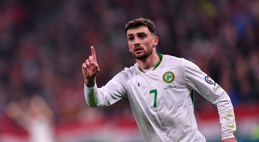 Irland-Stürmer Troy Parrott setzt gegen Ungarn zum Jubel an.