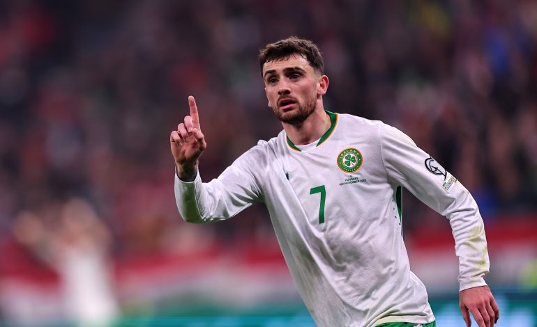 Irland-Stürmer Troy Parrott setzt gegen Ungarn zum Jubel an.