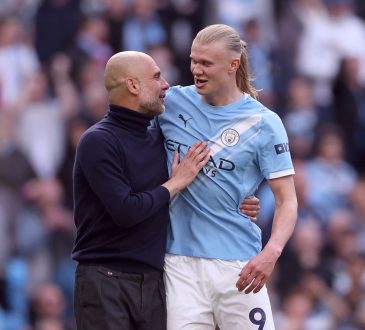 Pep Guardiola und Erling Haaland nach einem Spiel für Manchester City