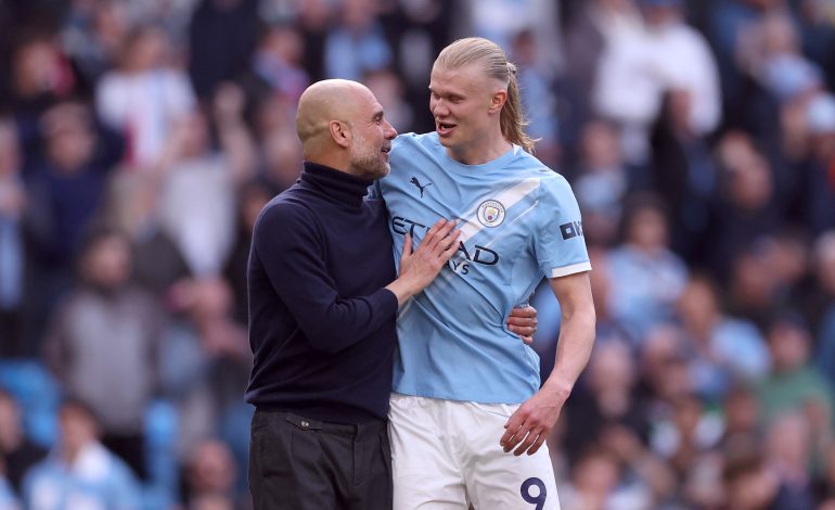Pep Guardiola und Erling Haaland nach einem Spiel für Manchester City