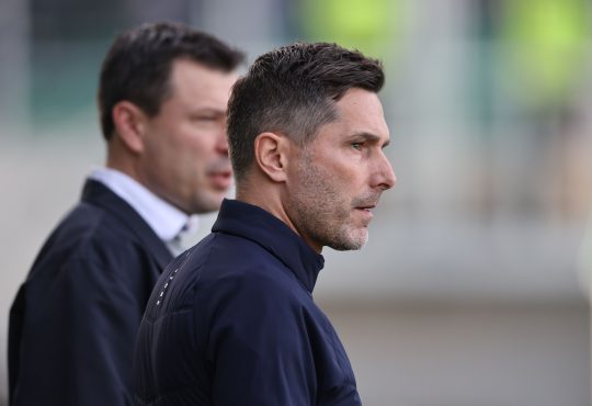 Stefan Leitl und Benjamin Weber vor dem Spiel der 2. Bundesliga zwischen dem SC Preußen Münster und Hertha BSC